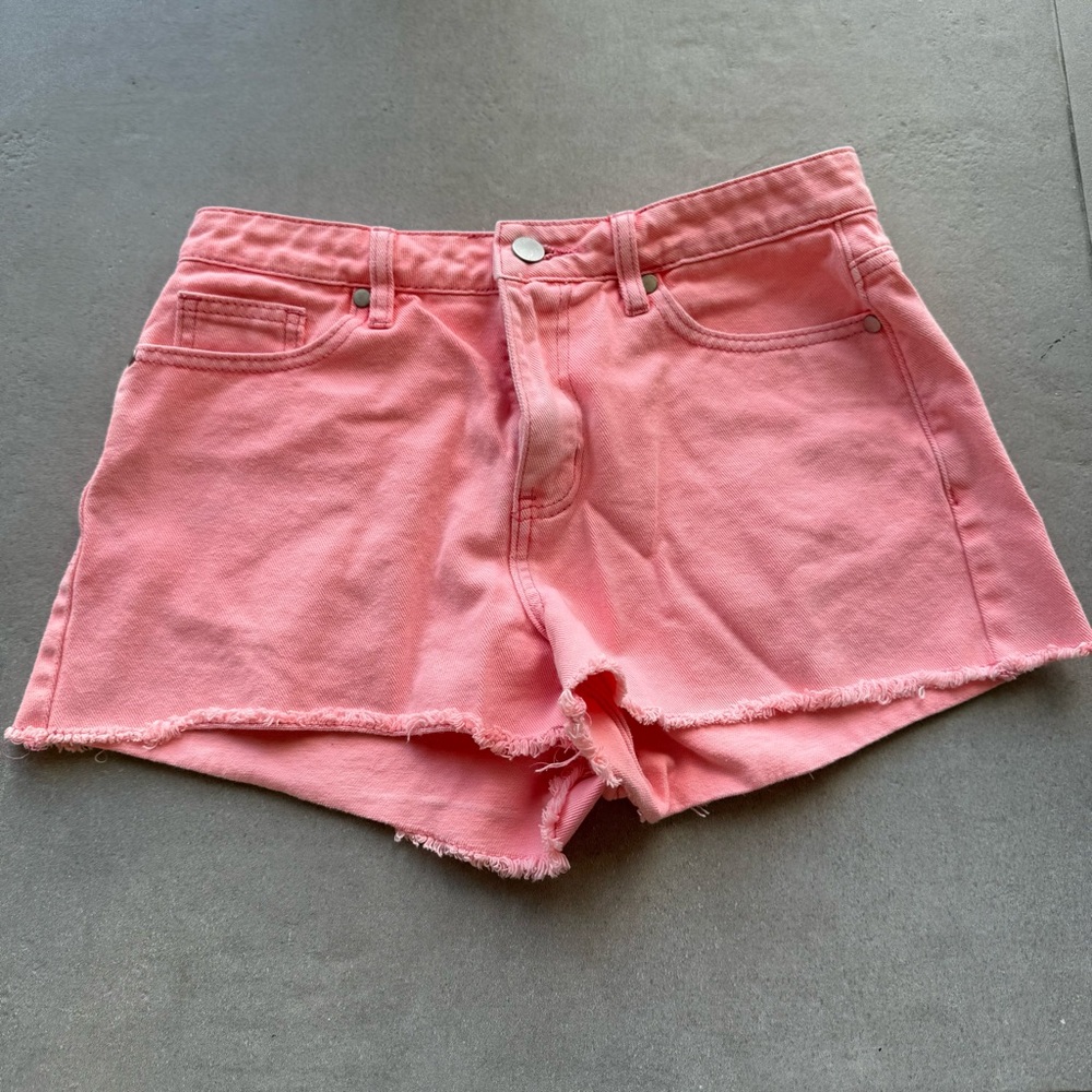 SHEIN Denim Cutoff Neon Frayed Shorts Women’s S Neon Coral Pink Beach Summer